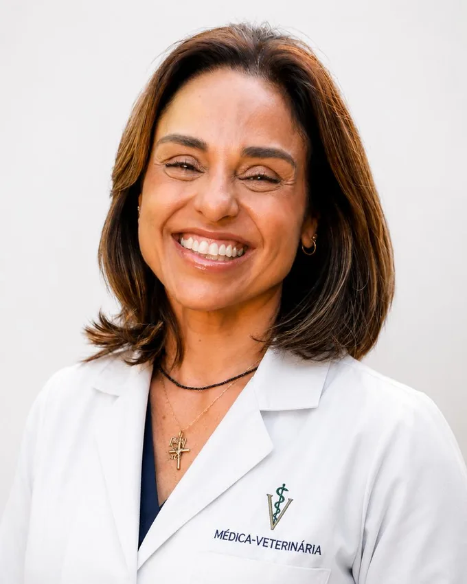Dra. Caroline Keffer, de jaleco branco, sorrindo
