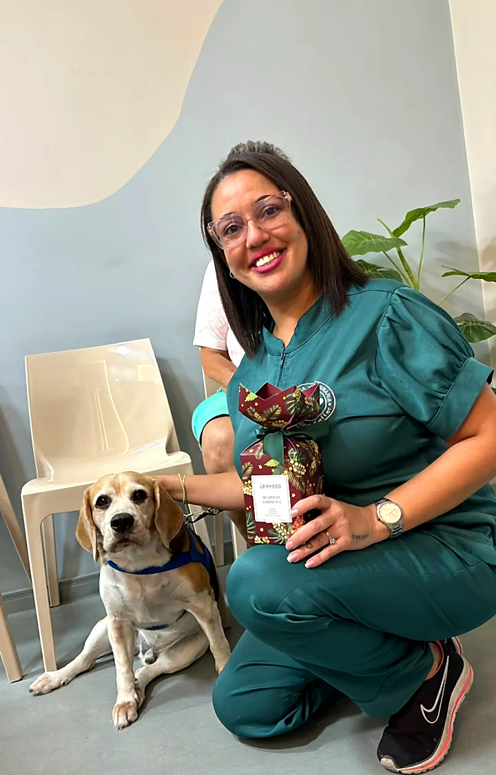 Colaboradora agachada ao lado de um beagle
