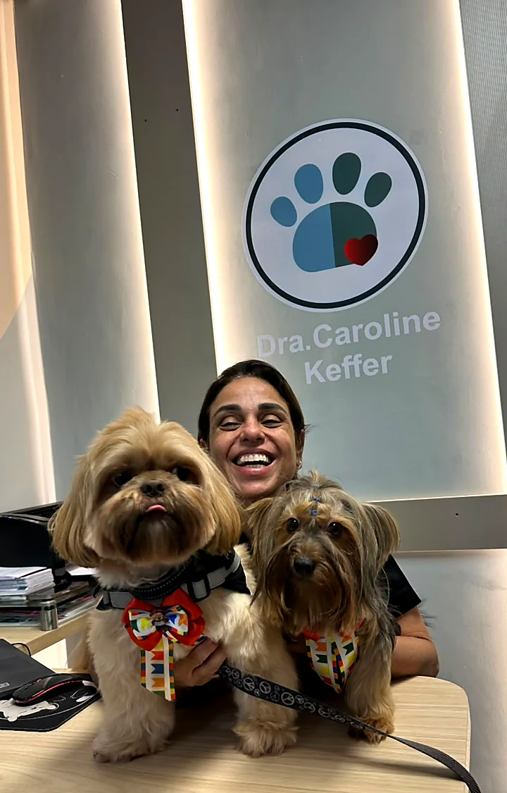 Colaboradora no consultório com dois shih-tzus de gravata