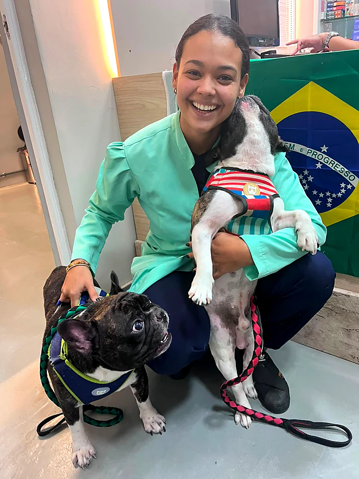 Colaboradora agachada com dois buldogues franceses